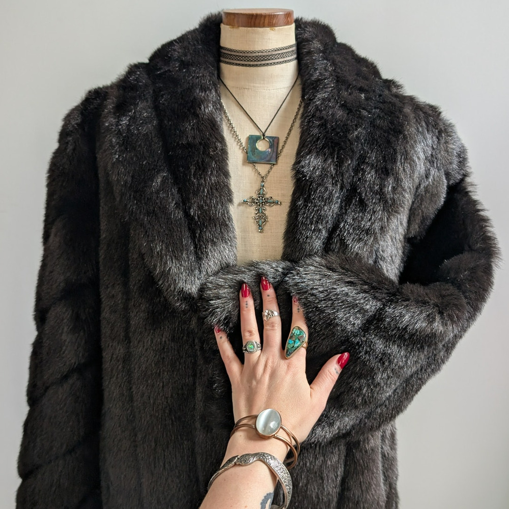 Vintage Black Faux Fur Coat Fur Trim Jacket Mob Wife Minimalist Goth Chic Medium - Picture 2 of 12